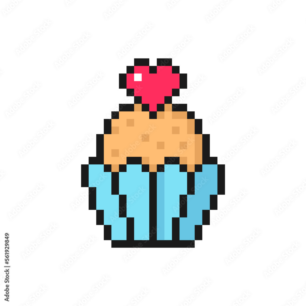 Valentine's day cupcake with heart on top icon in pixel art style. Love vector symbol, isolated on white background sign