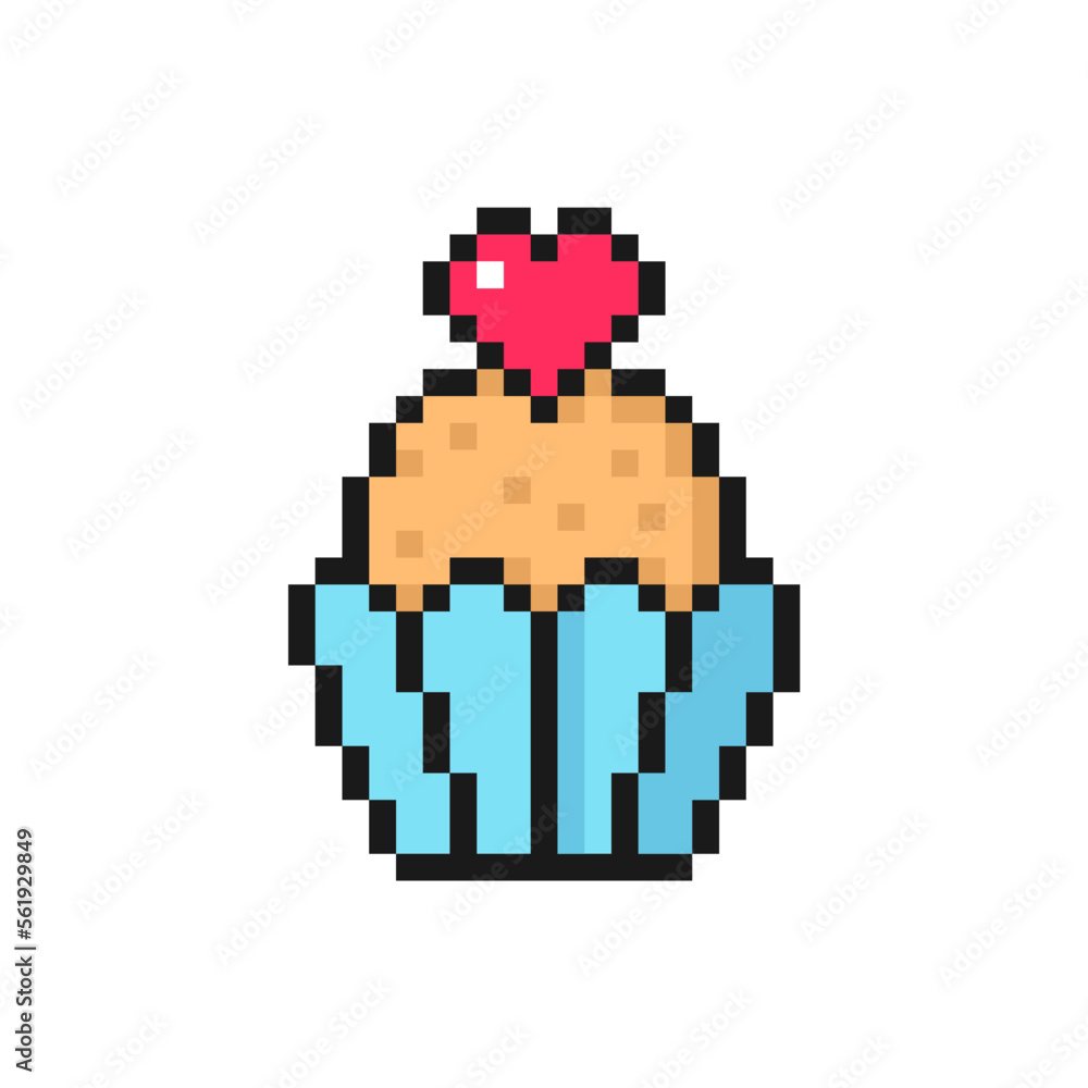Valentine's day cupcake with heart on top icon in pixel art style. Love vector symbol, isolated on white background sign Valentine's day cupcake with heart on top icon in pixel art style. Love vector symbol, isolated on white background sign