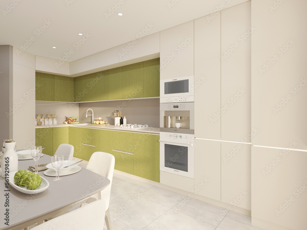 Olive Ivory Modern Kitchen interior design 3d render Kyiv, Ukraine 01.15.2023