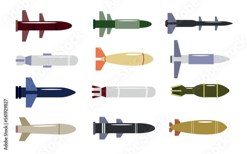Set of dangerous missiles in cartoon style. Vector illustration of military strategic weapons such as air-to-air, air defense, bombs, ballistic and cruise missiles on white background.