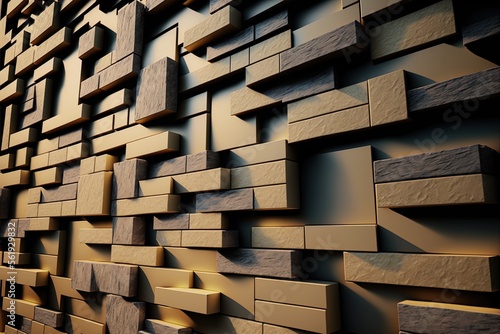 Rectangular mosaic tiles, all polished and set up in a wall pattern. The backdrop is made of piled blocks of natural stone, semiglossy bricks, and concrete. Generative AI photo