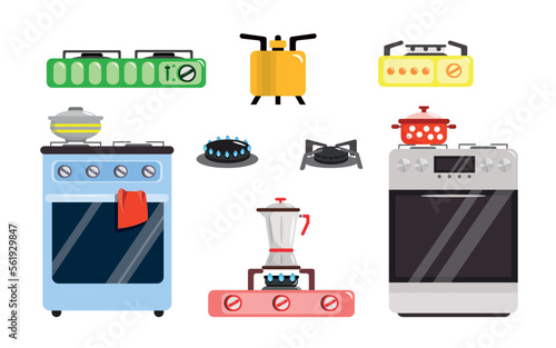 Set of modern gas stoves in cartoon style. Vector illustration of domestic and portable stoves with extinguished and kindled fire on white background.