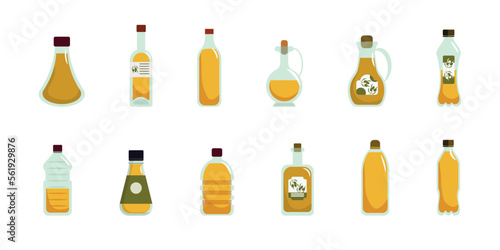 Set of beautiful oil bottles in cartoon style. Vector illustration of bottles with different shapes for sunflower and olive oil for home use on white background.