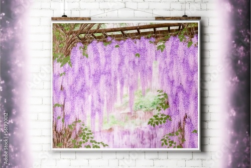  a picture of a purple wister tree hanging on a brick wall with a purple frame around it and a purple background with a white brick wall with a purple border and white brick wall. Generative AI  photo
