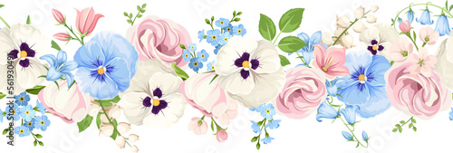 Horizontal seamless border with pink, white, and blue lisianthus flowers, pansy flowers, bluebells, and forget-me-not flowers. Vector floral garland