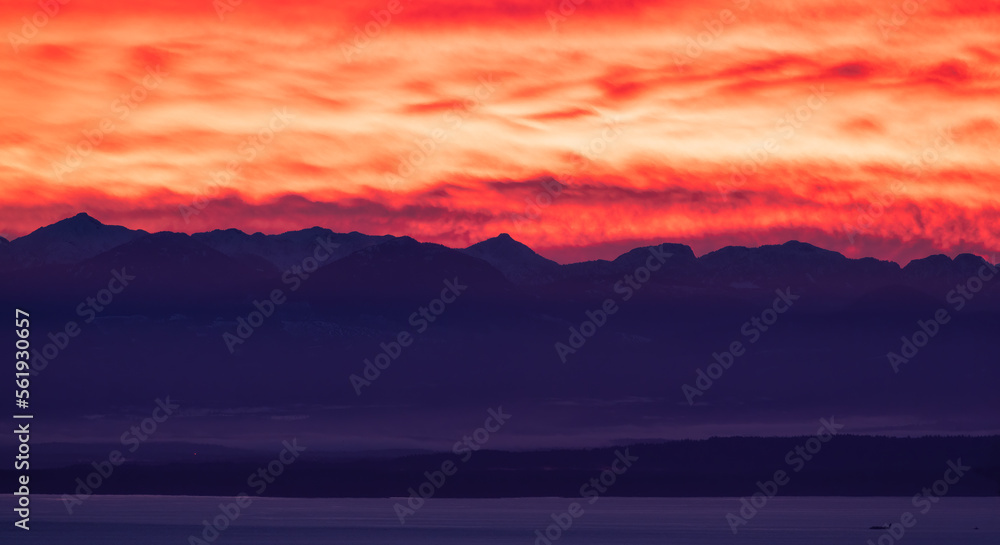 Vancouver Island Covered in Clouds during winter sunset. Viewed from Cypress Lookout, West Vancouver, British Columbia, Canada. Vancouver Island Covered in Clouds during winter sunset. Viewed from Cypress Lookout, West Vancouver, British Columbia, Canada.