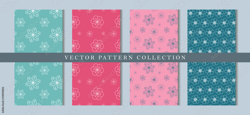 Set of vector seamless patterns in floral style in pink, turquoise and blue shades for textiles, wrapping paper, designs, backgrounds Set of vector seamless patterns in floral style in pink, turquoise and blue shades for textiles, wrapping paper, designs, backgrounds