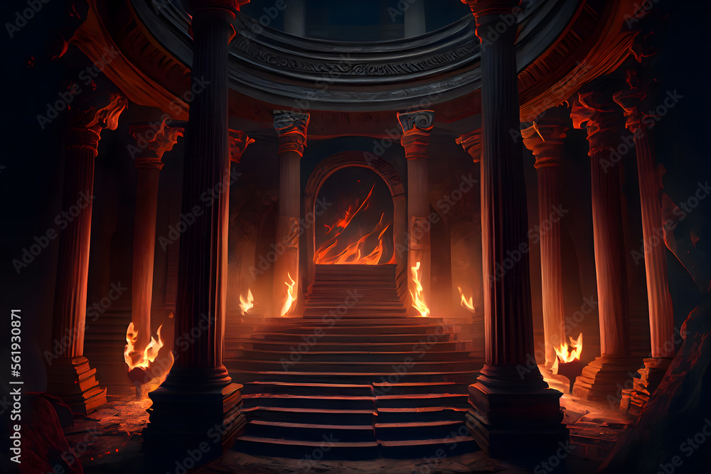 Obraz premium The eternal fire, dark atmospheric landscape with stairs to ancient columns and font of fire, fantasy background