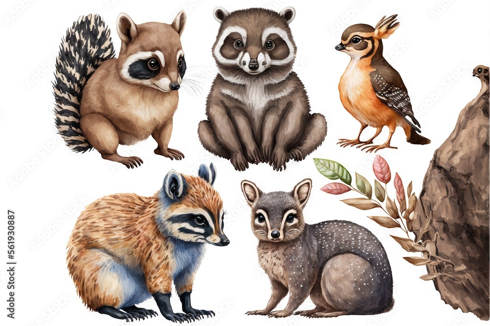 Fototapeta premium a group of animals that are sitting next to each other on a white background with a white background behind them and a brown and black and white background with a red stripe. Generative AI 