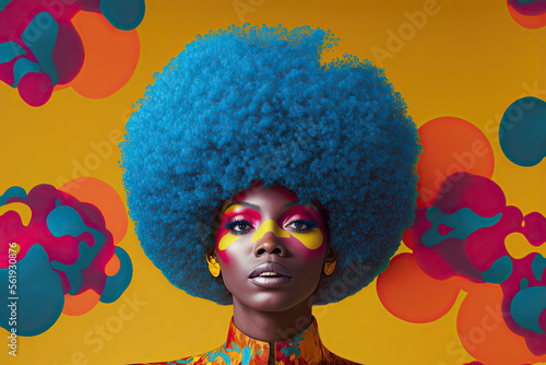 Generative AI illustration of an afro woman looking at the camera in pop art style.Artwork photo