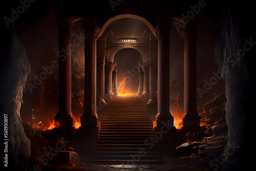 The eternal fire  dark atmospheric landscape with stairs to ancient columns and font of fire  fantasy background