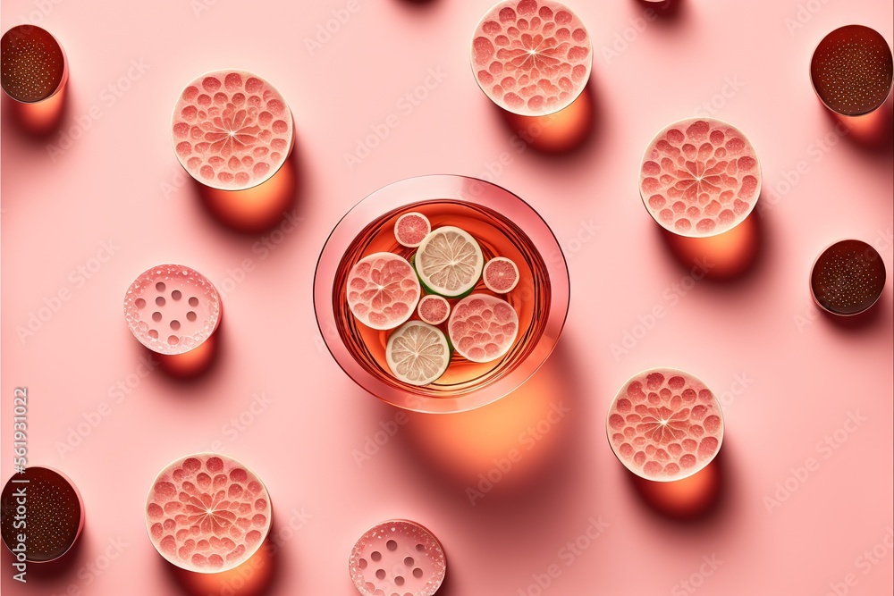 a glass of wine with a lemon slice in it surrounded by other glasses of wine on a pink background with a pattern of grapefruits and a few pieces of lemons on the. Generative AI a glass of wine with a lemon slice in it surrounded by other glasses of wine on a pink background with a pattern of grapefruits and a few pieces of lemons on the. Generative AI