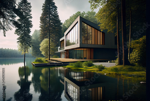 Leinwand Poster Modern cabin house at lake with scenic view