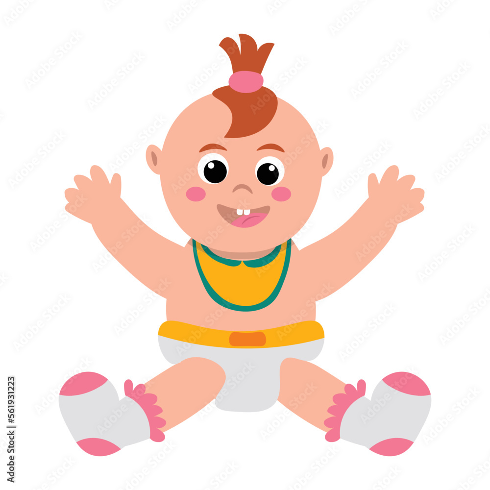 Cute baby girl in flat style sitting isolated on white background. Baby toddler smiling sitting. Cute baby girl in flat style sitting isolated on white background. Baby toddler smiling sitting.