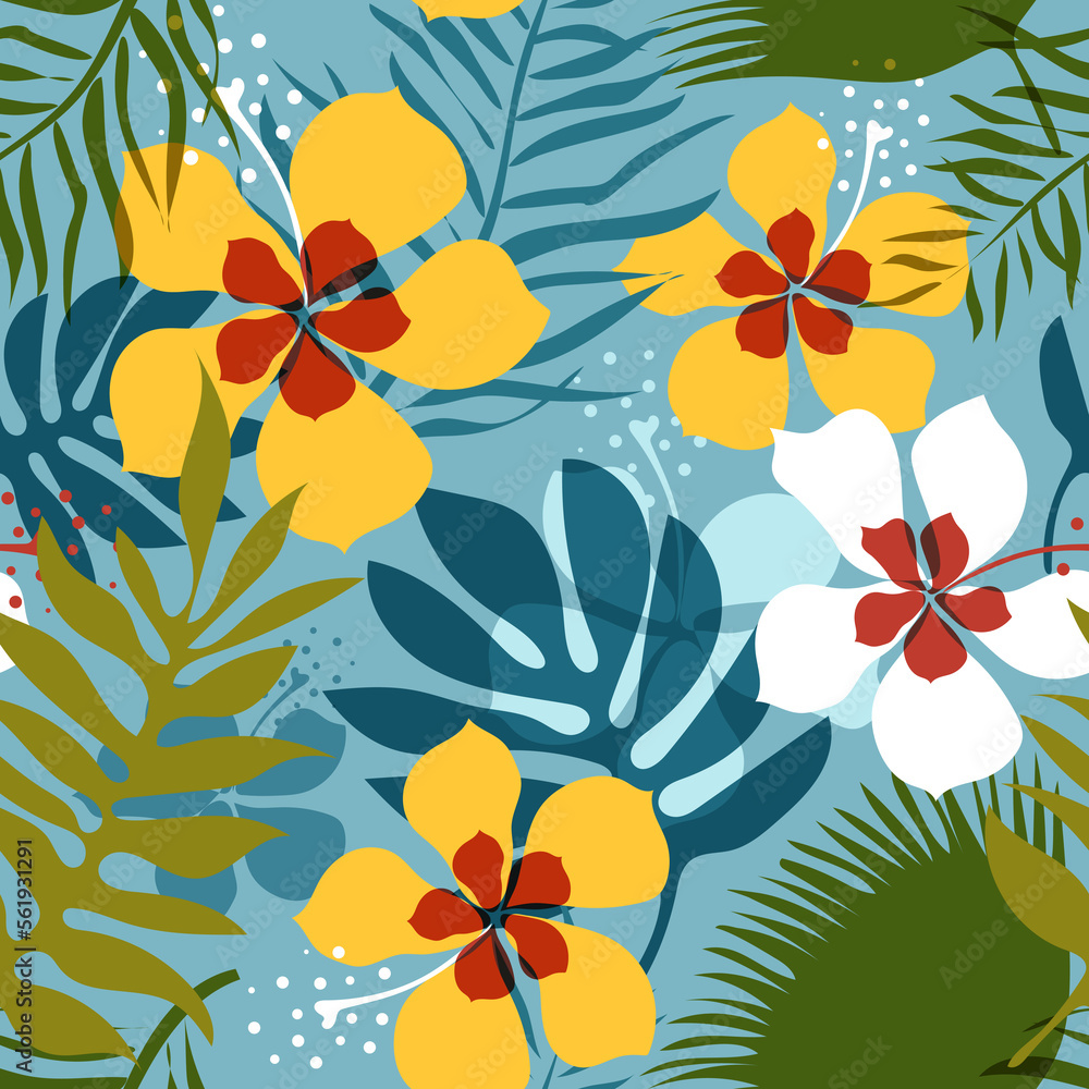 Floral seamless pattern. Modern exotic design for textiles. Tropical leaves and flowers on a blue background. Floral seamless pattern. Modern exotic design for textiles. Tropical leaves and flowers on a blue background.