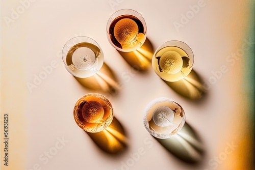  a group of glasses of wine sitting on top of a table next to each other on a table top with a shadow of the glasses on the table top of the glass and the glass. Generative AI 
