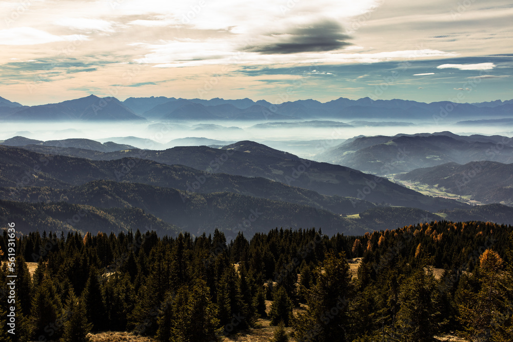 autumn day at saualm looking southwest over the carithian landscape towards the border to Slovenia and italy. autumn day at saualm looking southwest over the carithian landscape towards the border to Slovenia and italy.