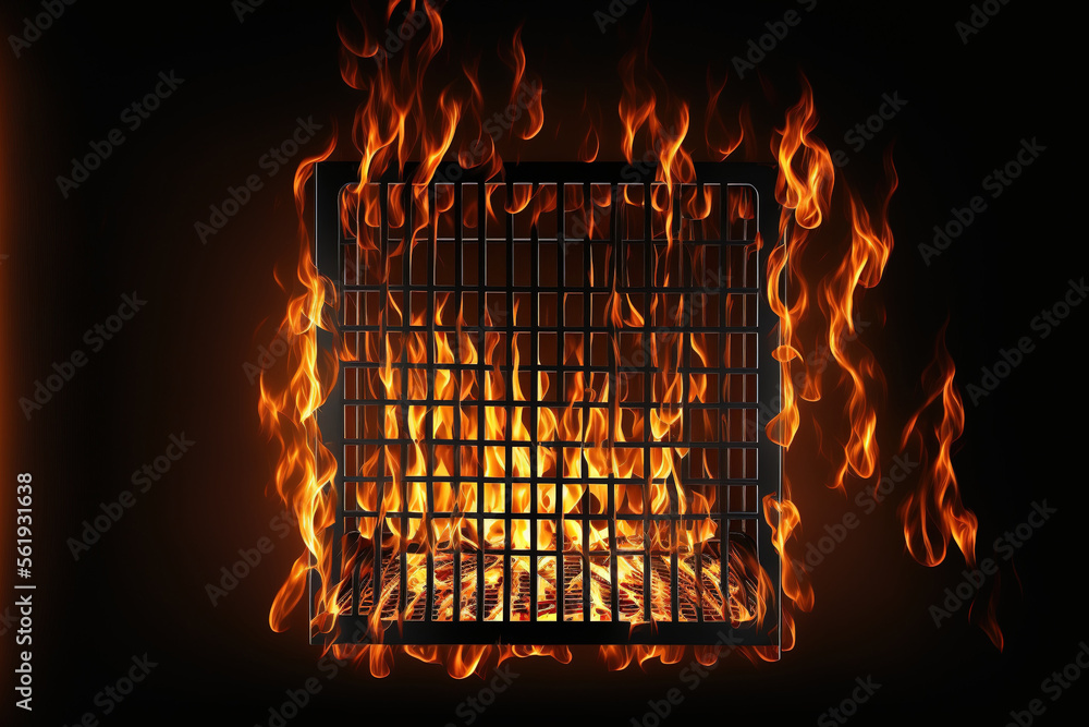 Grill With Fire Flames Black Background With Empty Fire Grid ...