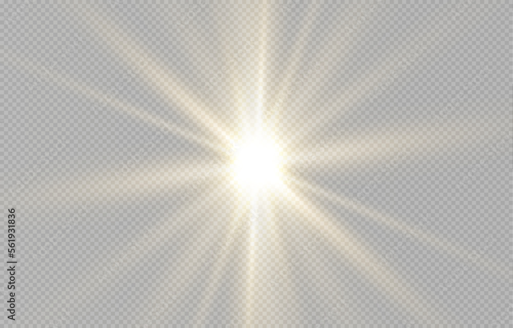 Light, sun on an isolated transparent background. The rays of the sun png. Light png. Sunrise Sunset. Flash Light. Vector illustration.