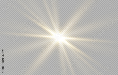 Vector light on isolated transparent background. Sun, rays of light png. Magic glow, golden light png. 