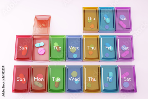 Colorful pill organizer fully filled with medicine, tablets and antibiotics. Illustration of the concept of prescriptions, pharmacies and pharmaceutical industry