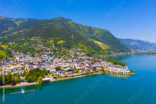 View over lake Zeller to Zell am See town. Beautiful panorama of Zell am See in Tirol Alps in Austria. © Mislav