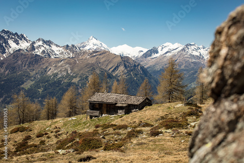 alpine mountain hut in the carinthian alps looking towards Grossglockner massive.