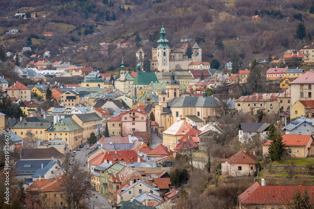 Historic center of Banska Stiavnica with The Old Castle, Slovakia, Europe.