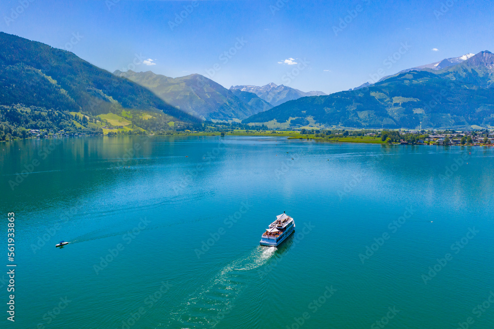 View over lake Zeller to Zell am See town. Beautiful panorama of Zell am See in Tirol Alps in Austria.