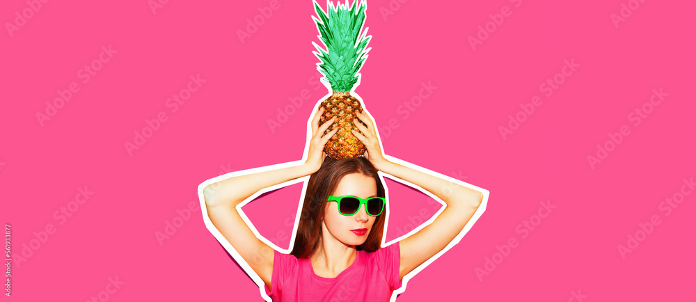 Fashion portrait of woman in sunglasses with pineapple on pink background, magazine style