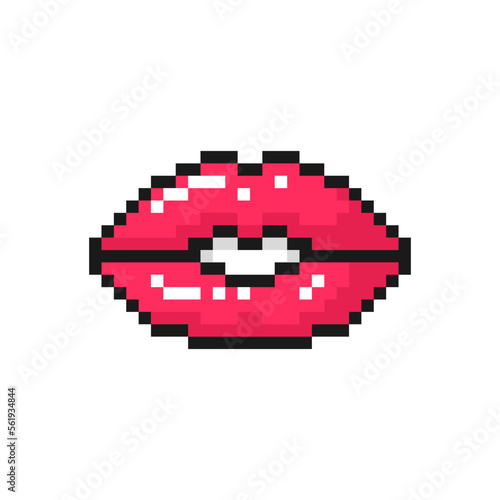 Red lips pixel icon. Symbol for Valentine's Day. Isolated on white background vector sign