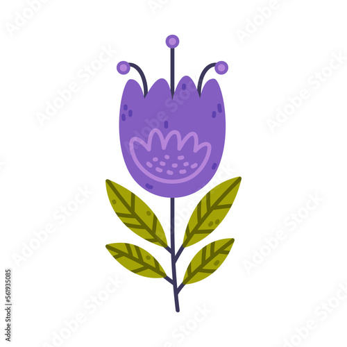 Floral Twig with Purple Flower Bud and Leaves as Cute Foliage Vector Illustration
