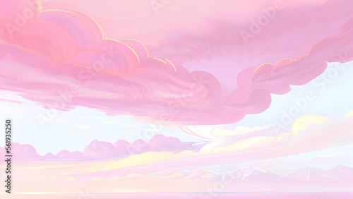 Pink sky landscape with clouds and mountains for 16:9 wallpapers. Pink digital art illustrations