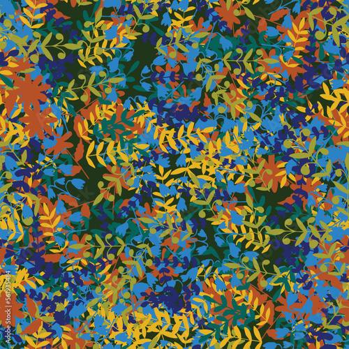 Abstract colorful doodle seamless pattern with leaves, plants, branches. Messy fantasy floral background. © _aine_