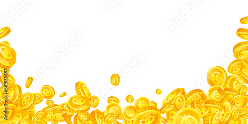 European Union Euro coins falling. Scattered gold EUR coins. Europe money. Great business success concept. Wide vector illustration.