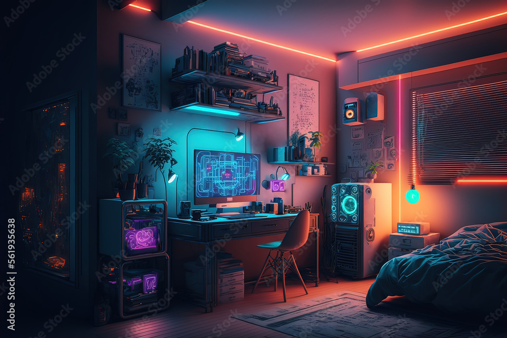 Awesome gaming setup from the future. Elegant gaming concept. Stylish room  for entertainment. Greatest interior ever. Generative AI. Illustration  Stock