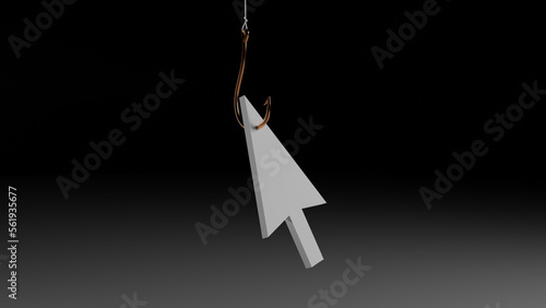 Mouse pointer hooked on a fish hook symbolizing internet clickbait.