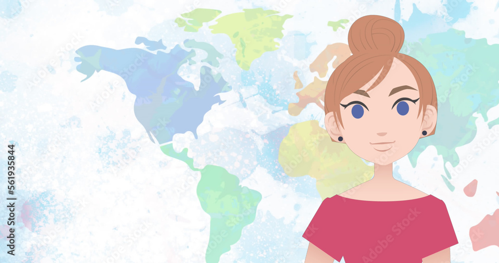 Image of pictogram of woman in pink dress with copy space on world map background Image of pictogram of woman in pink dress with copy space on world map background