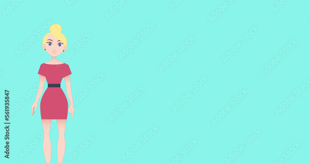 Image of pictogram of woman in pink dress with copy space on blue background Image of pictogram of woman in pink dress with copy space on blue background