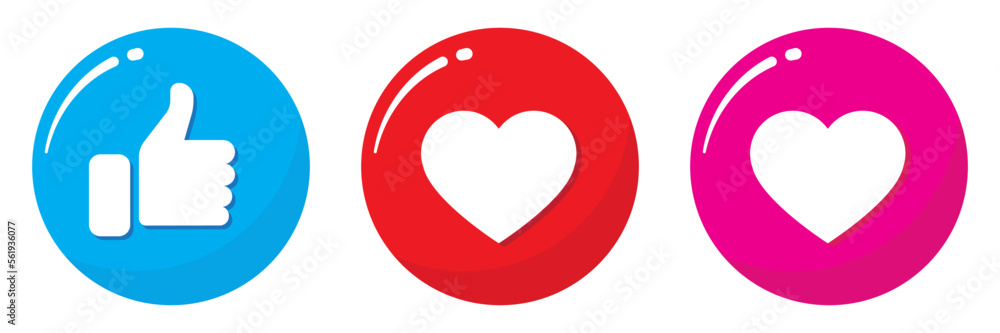Like, heart and pink heart glossy icons. Thumbs up and heart, social media vector icon Like, heart and pink heart glossy icons. Thumbs up and heart, social media vector icon