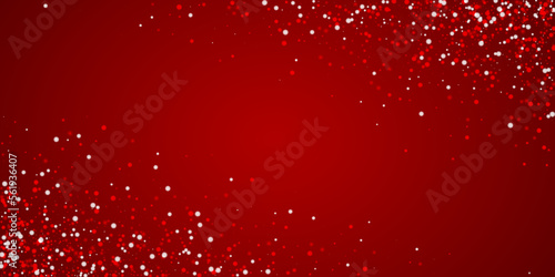 Snowfall overlay christmas background. Subtle flying snow flakes and stars on christmas red background. Festive snowfall overlay. Wide vector illustration.