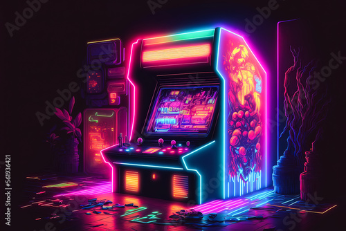 Unique wallpaper is the gamer of the future. Awesome picture of the arcade  machine with neon lights and bright effects. Future of gaming concept.  Generative AI ilustração do Stock