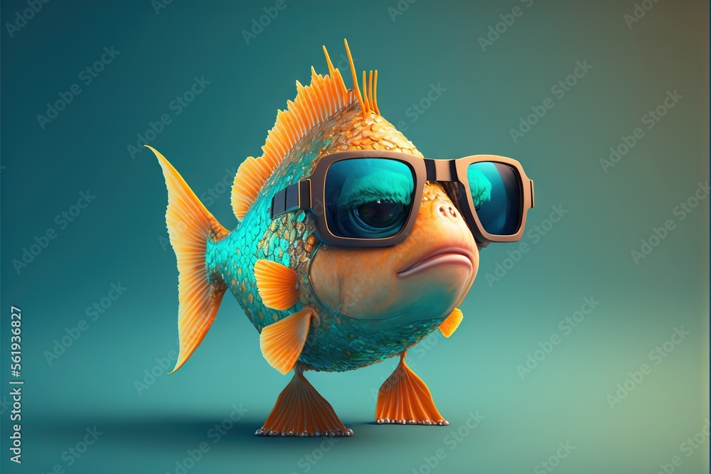 a fish wearing sunglasses and a pair of sunglasses on its head, with a blue  background