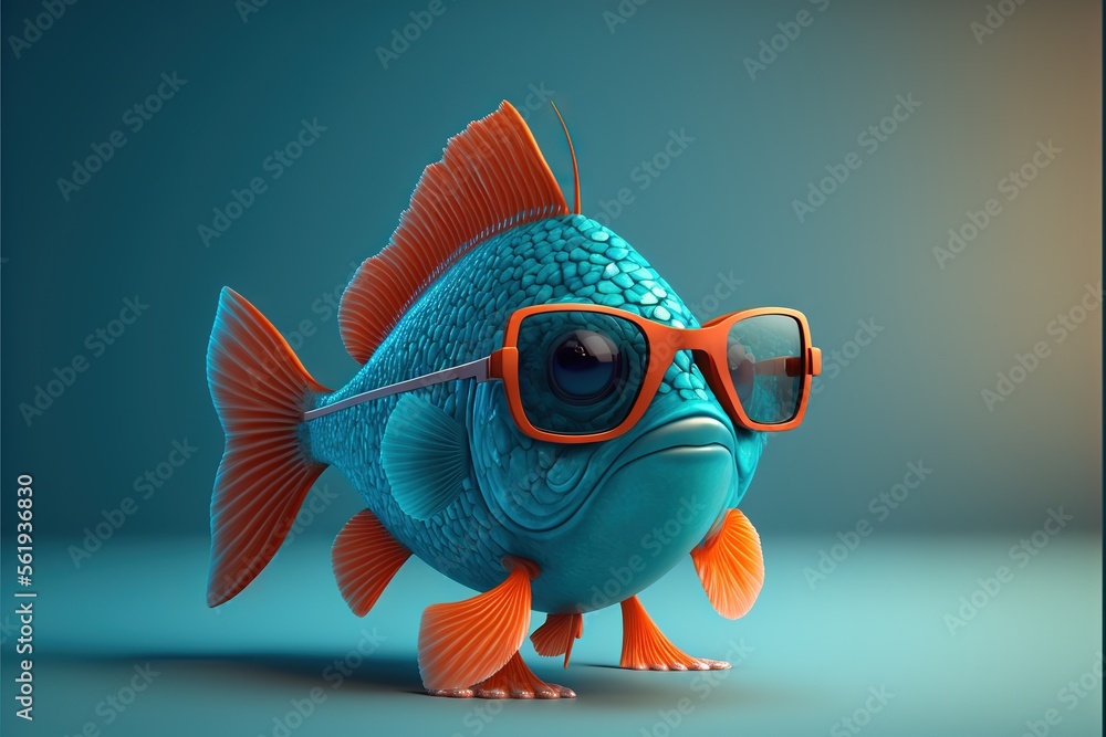 a fish with sunglasses and a stick in its mouth is standing on a blue  surface