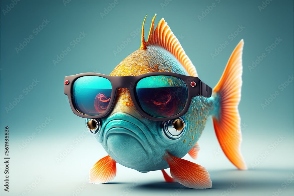 a fish wearing sunglasses and a pair of sunglasses on its face is shown in this