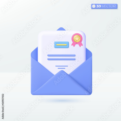 Mail and certificate icon symbols. Newsletter, Gift voucher, Legal Documents, Award diploma concept. 3D vector isolated illustration, Cartoon pastel Minimal style. template for graphic and web design.