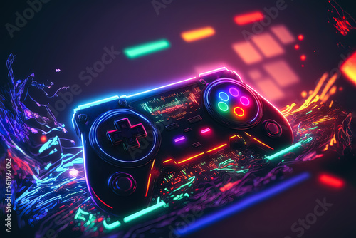Neon-stylized gamepad in a unique design. Future of gaming. Console gaming. Generative AI. Arcade. photo