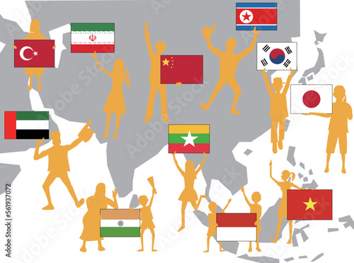 アジアの国々が国旗を掲げて平和を願う。