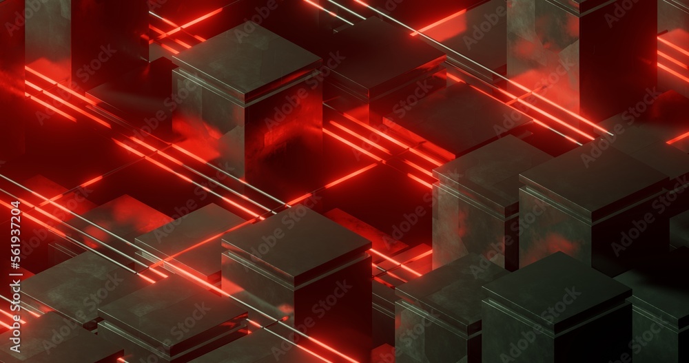 cubes of a cell with red lasers, sci-fi technological,, 3d rendering ...