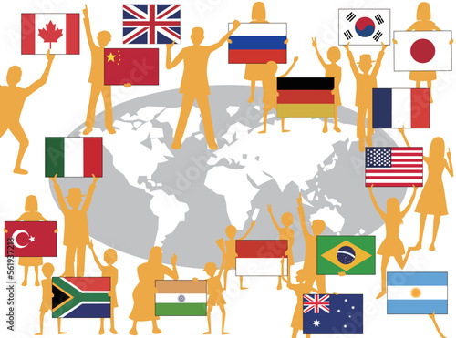 世界の国々が国旗を掲げて平和を願っている。